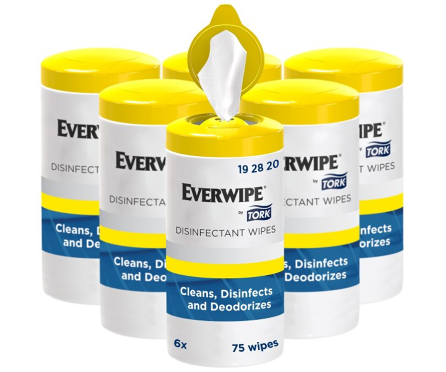 Six white canisters with yellow lids containing disinfectant wipes, one canister with a wipe pulled out. Everwipe® Disinfectant Wipe Canisters (7.01 in. x 3.39 in., 75 Wipes/Cannister, 450 Wipes/Case)